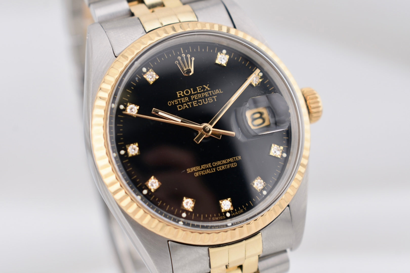 Rolex Datejust 36 Black Diamond Dial Two Tone Yellow Gold 16013 1982