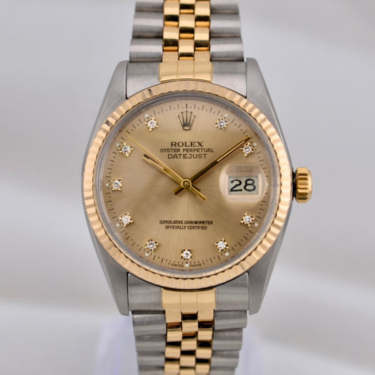 Rolex Datejust 36 Champagne Diamond Dial Two Tone Yellow Gold 16013 1986