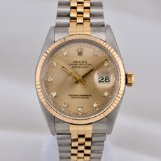 Rolex Datejust 36 Champagne Diamond Dial Two Tone Yellow Gold 16013 1986