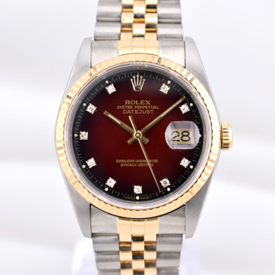 Rolex Datejust 36 Red Vignette Diamond Dial Two Tone Yellow Gold 16233 1989