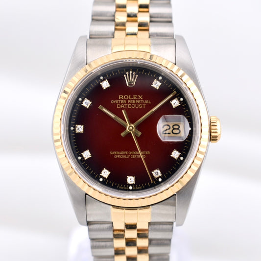 Rolex Datejust 36 Red Vignette Diamond Dial Two Tone Yellow Gold 16233 1989