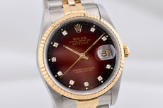 Rolex Datejust 36 Red Vignette Diamond Dial Two Tone Yellow Gold 16233 1989