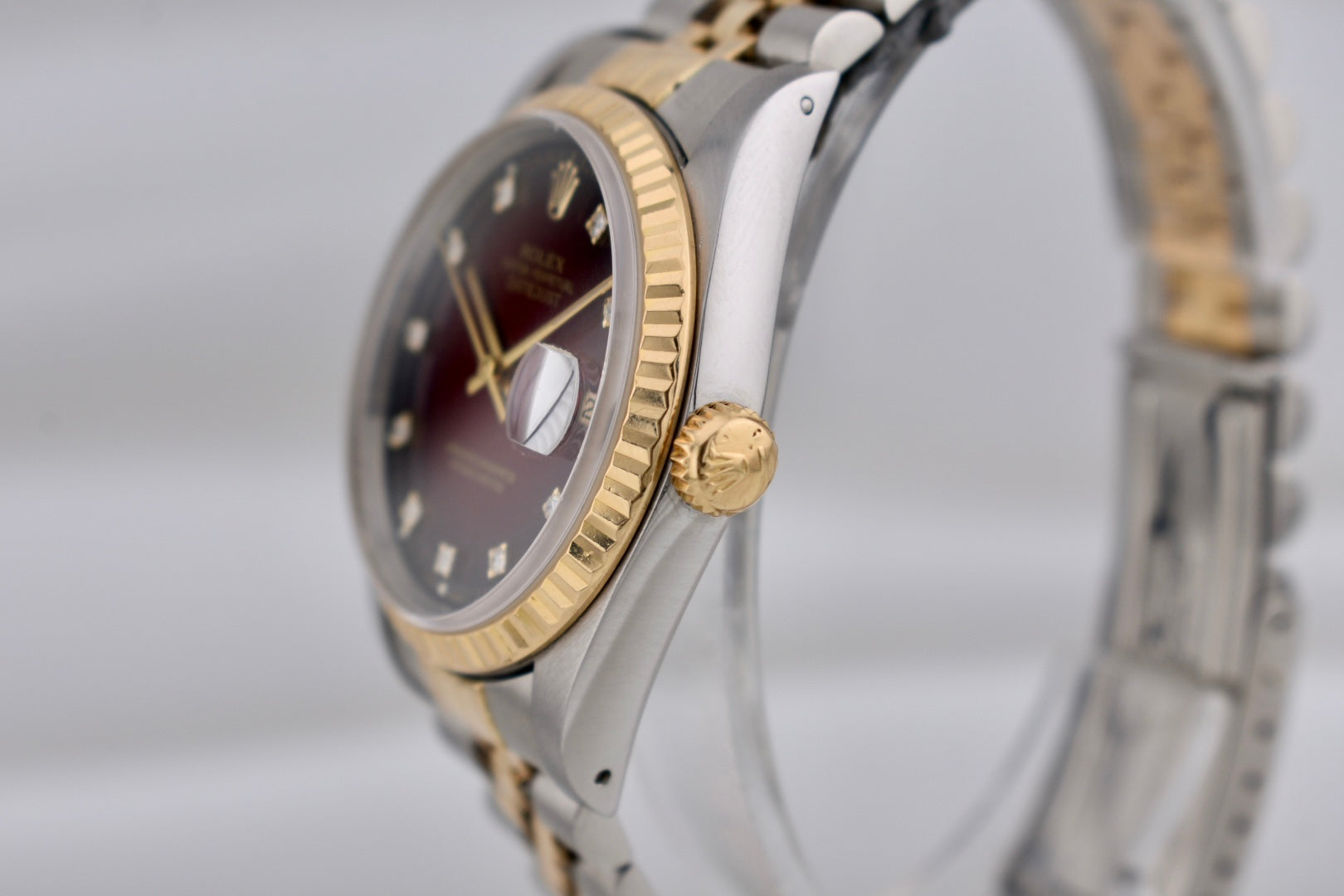 Rolex Datejust 36 Red Vignette Diamond Dial Two Tone Yellow Gold 16233 1989