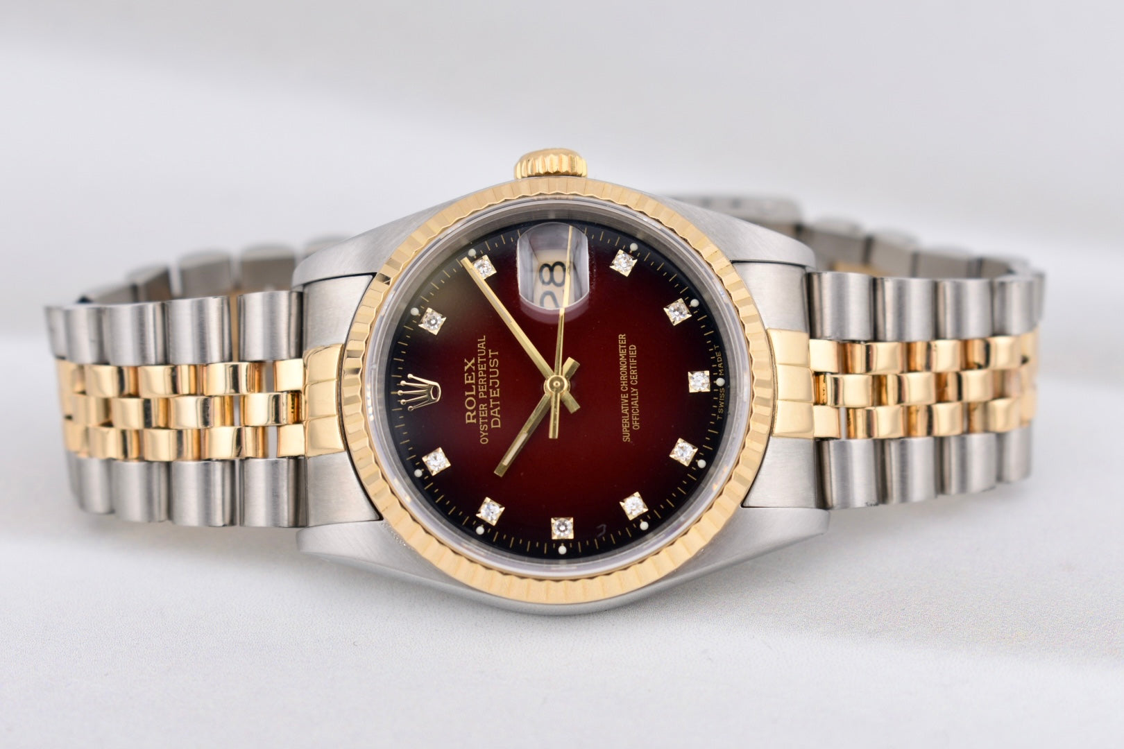 Rolex Datejust 36 Red Vignette Diamond Dial Two Tone Yellow Gold 16233 1989