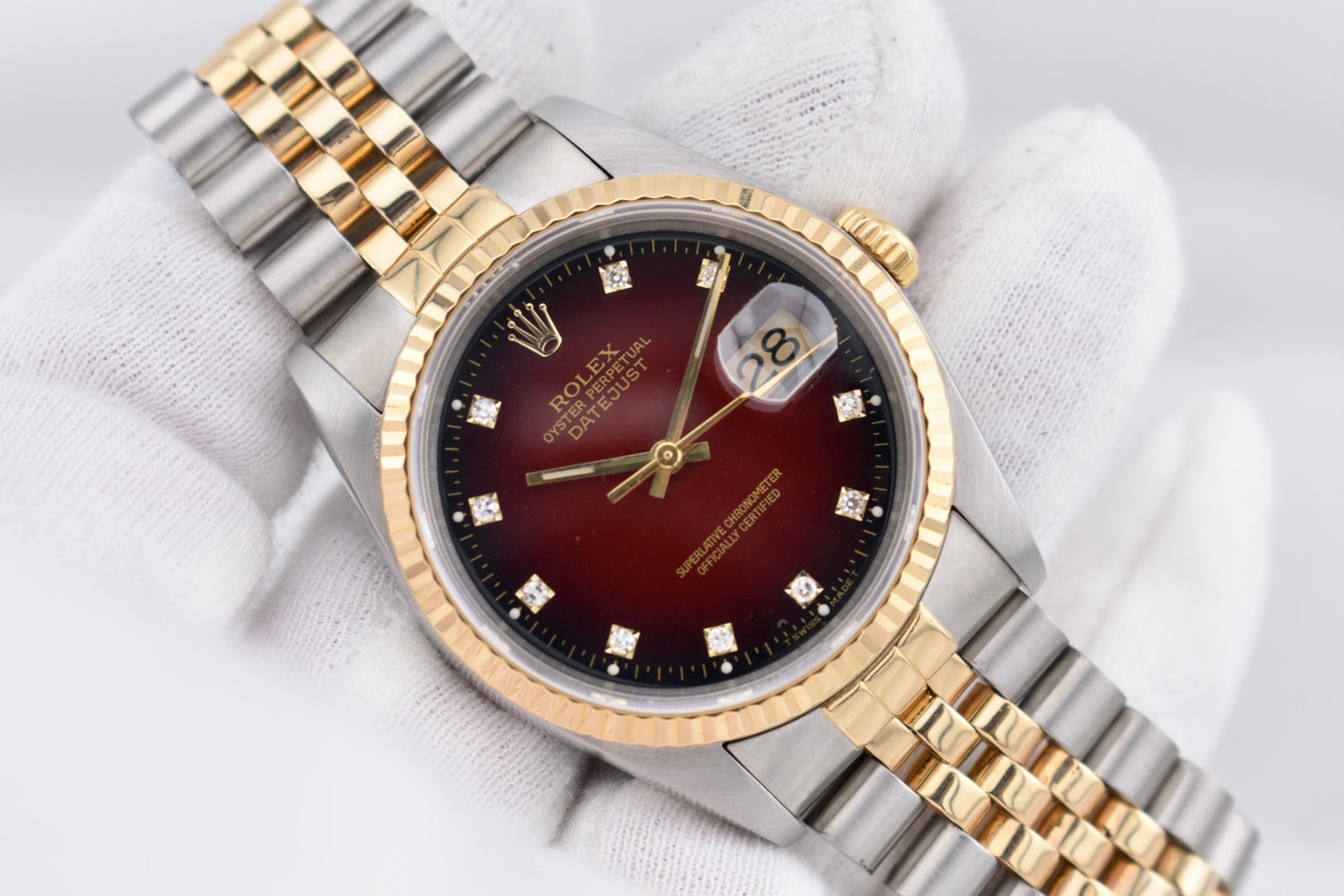 Rolex Datejust 36 Red Vignette Diamond Dial Two Tone Yellow Gold 16233 1989