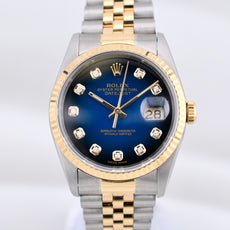 Rolex Datejust 36 Blue Vignette Diamond Dial Two Tone Yellow Gold 16233 1995