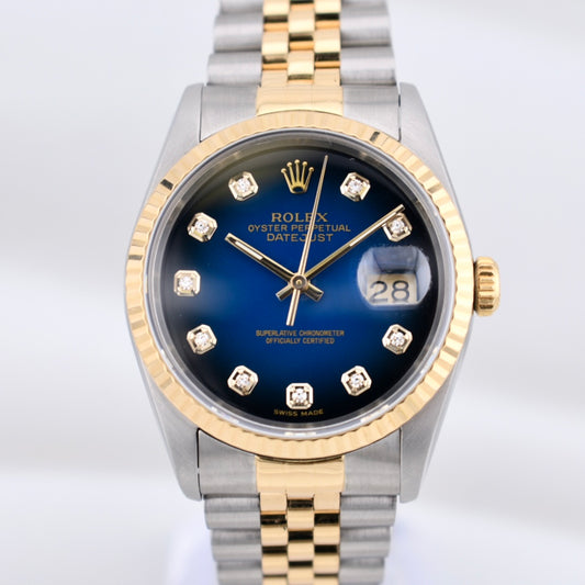 Rolex Datejust 36 Blue Vignette Diamond Dial Two Tone Yellow Gold 16233 1995