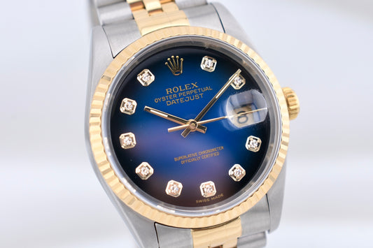 Rolex Datejust 36 Blue Vignette Diamond Dial Two Tone Yellow Gold 16233 1995