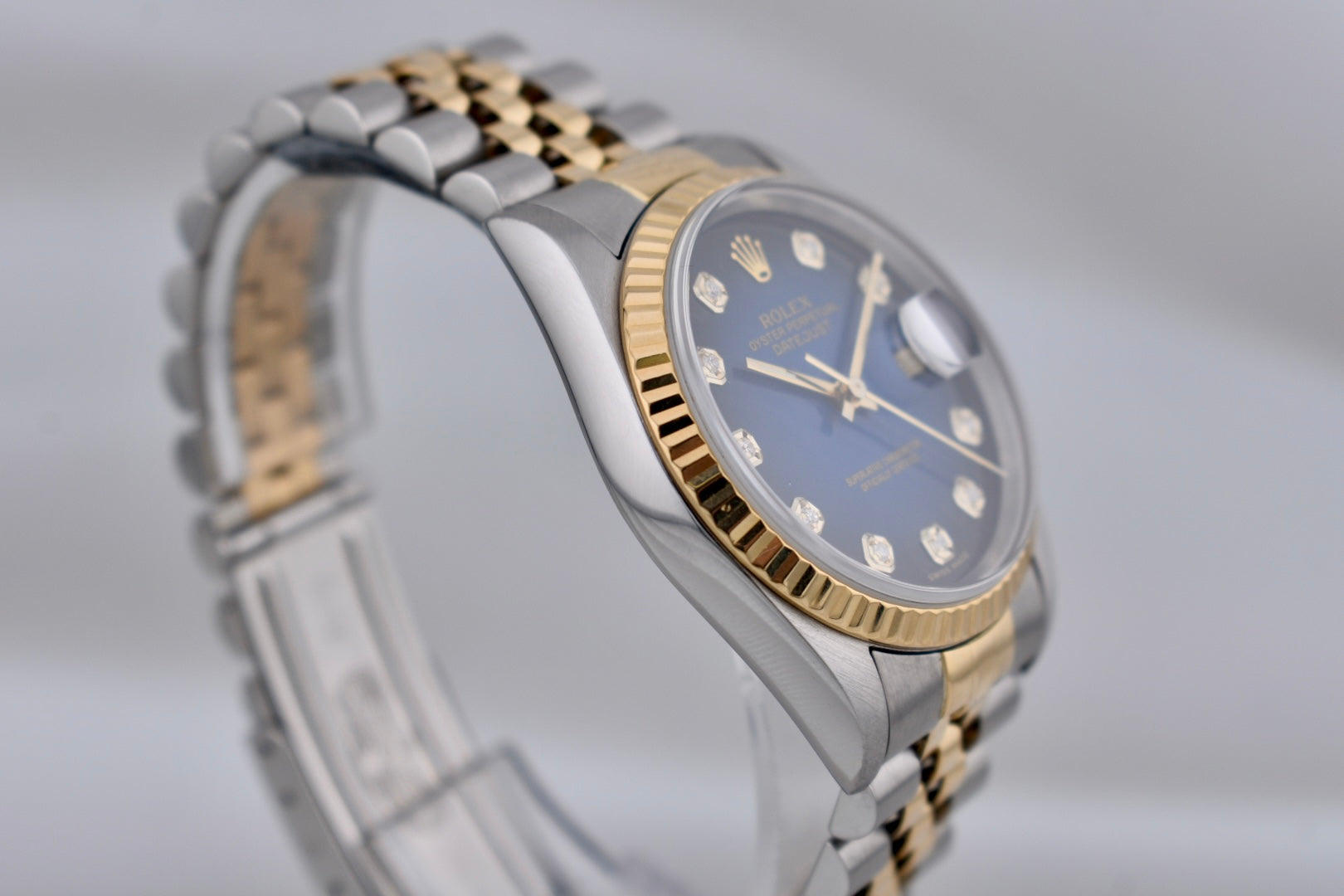 Rolex Datejust 36 Blue Vignette Diamond Dial Two Tone Yellow Gold 16233 1995