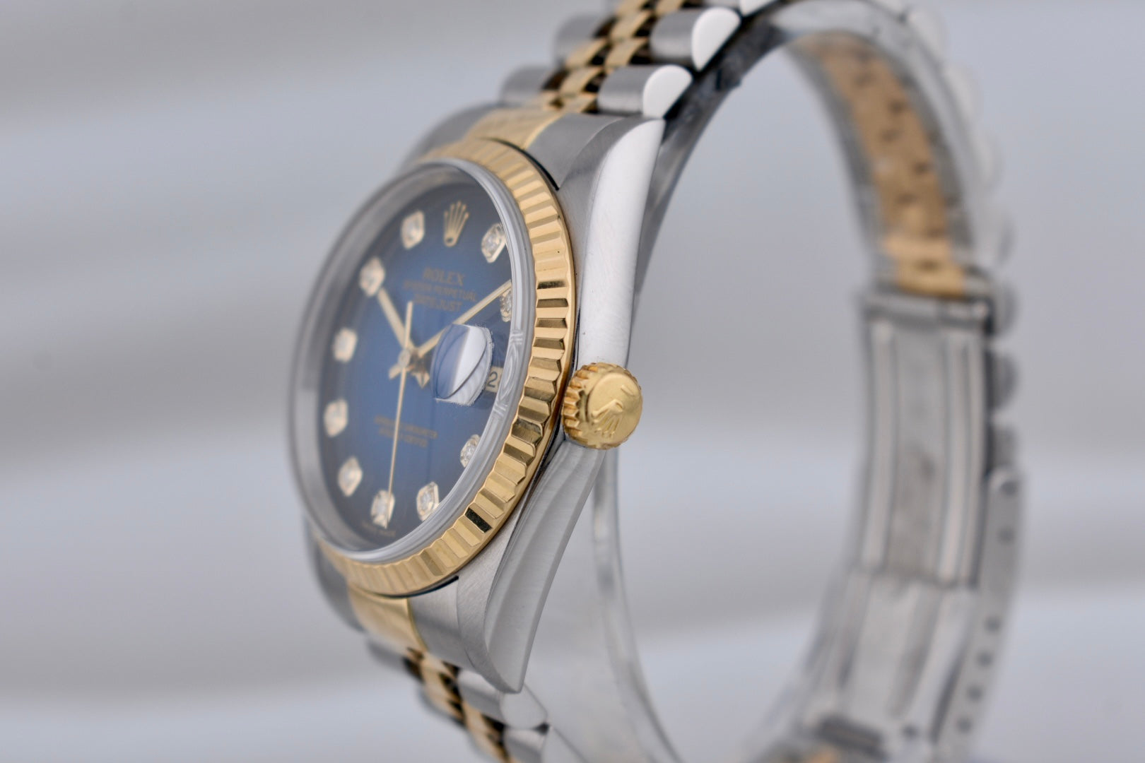 Rolex Datejust 36 Blue Vignette Diamond Dial Two Tone Yellow Gold 16233 1995