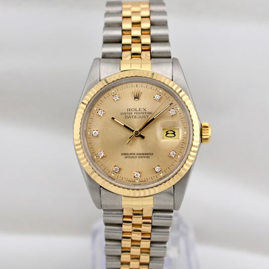Rolex Datejust 36 Two Tone Yellow Gold Champagne Diamond Dial 16013 1989