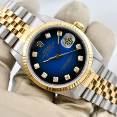 Rolex Datejust 36 Two Tone Yellow Gold Blue Vignette Diamond Dial 16233 1995