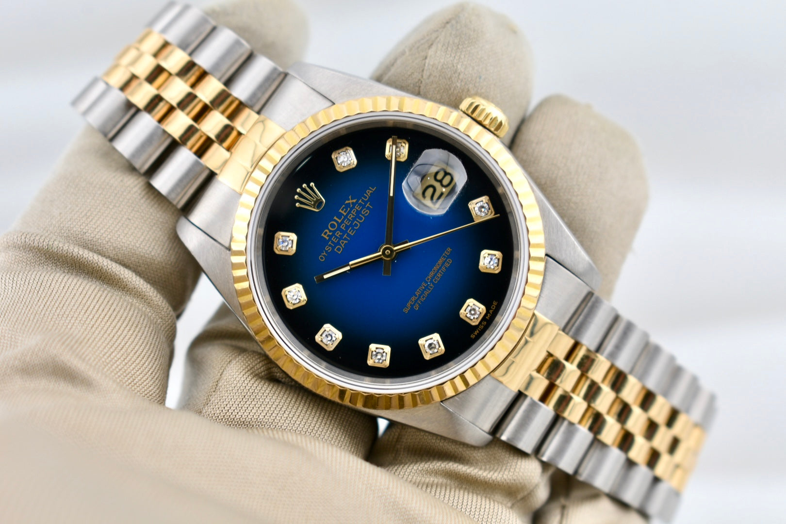 Rolex Datejust 36 Two Tone Yellow Gold Blue Vignette Diamond Dial 16233 1996
