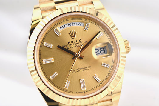 Rolex Day Date 40 Yellow Gold Champagne Baguette Diamond Dial 228238 2026