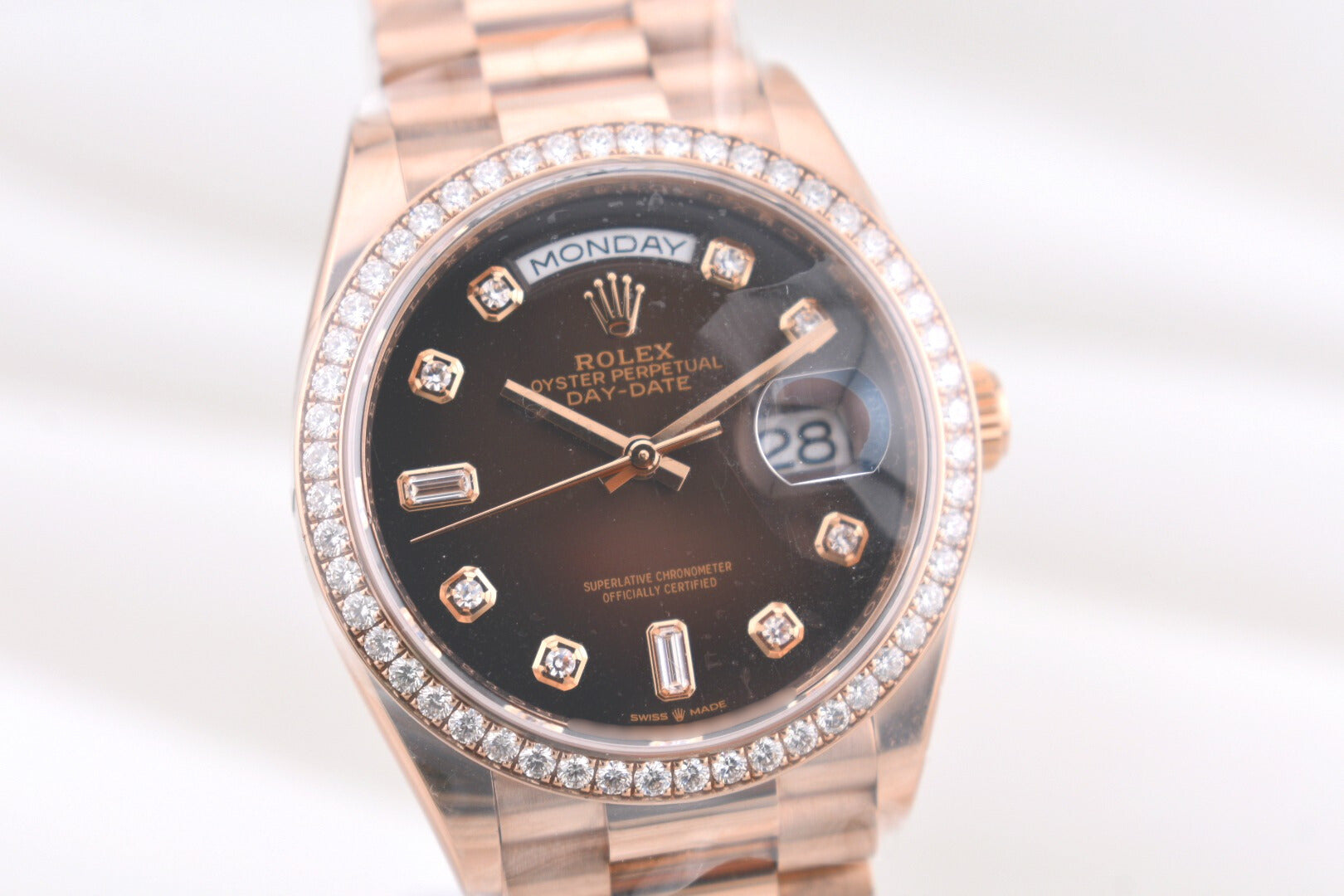 Rolex Day Date 36 Rose Gold Chocolate Baguette Diamond Dial 128345RBR 2023