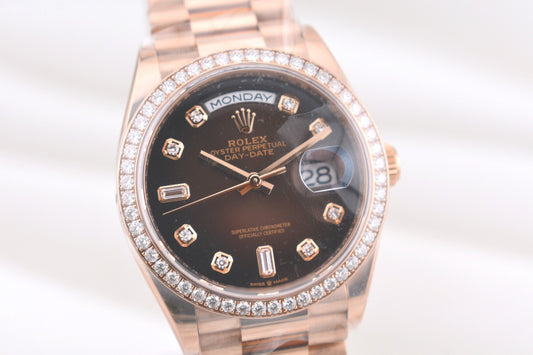 Rolex Day Date 36 Rose Gold Chocolate Baguette Diamond Dial 128345RBR 2023
