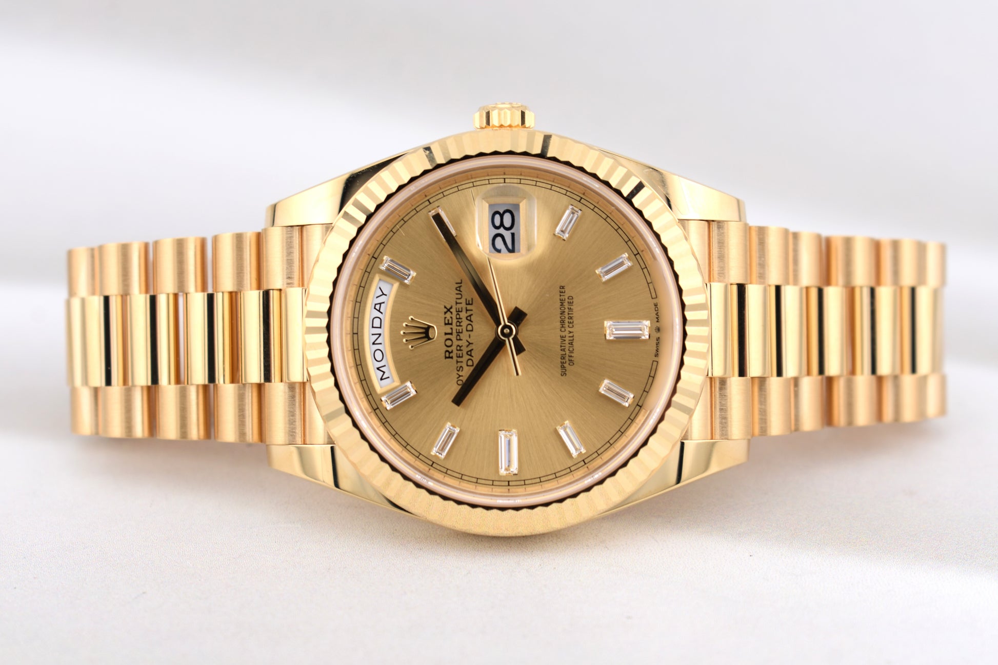 Rolex Day Date 40 Yellow Gold Champagne Baguette Diamond Dial 228238 2026