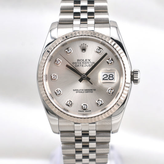Rolex Datejust 36 Silver Diamond Dial Super Jubilee Band 116234 2015