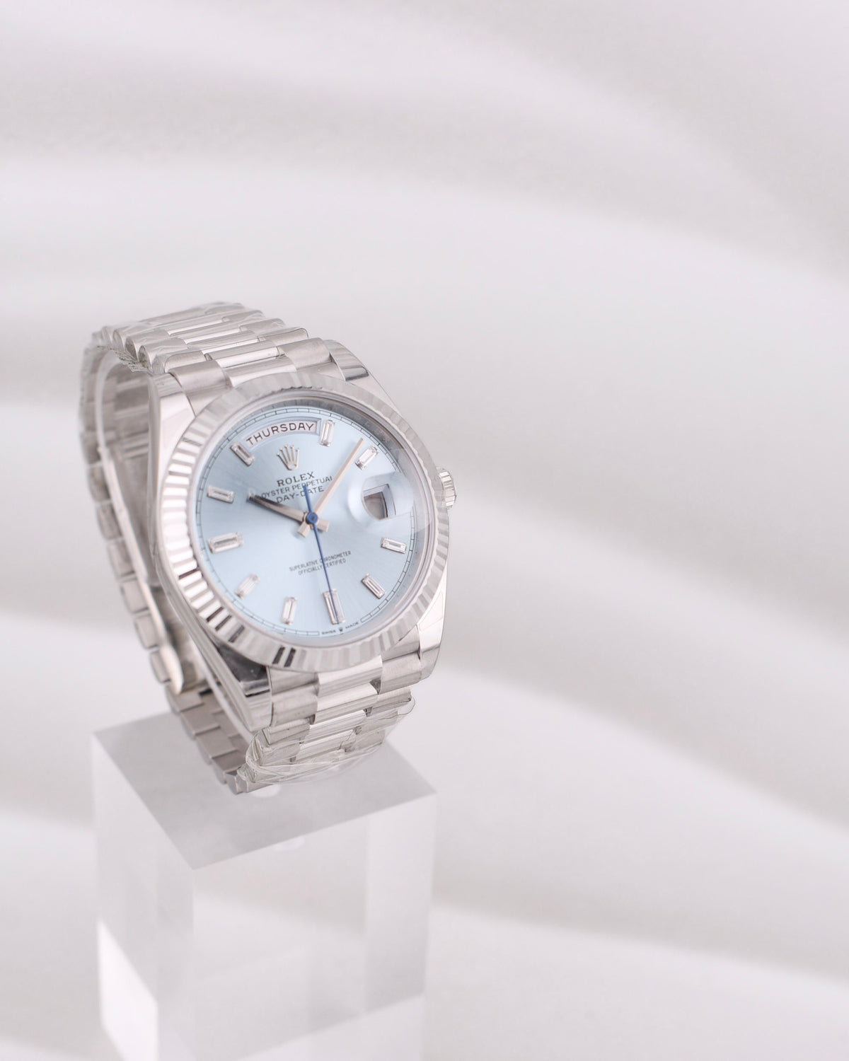 Rolex Day Date 40 Platinum Ice Blue Baguette Diamond Dial 228236 2026