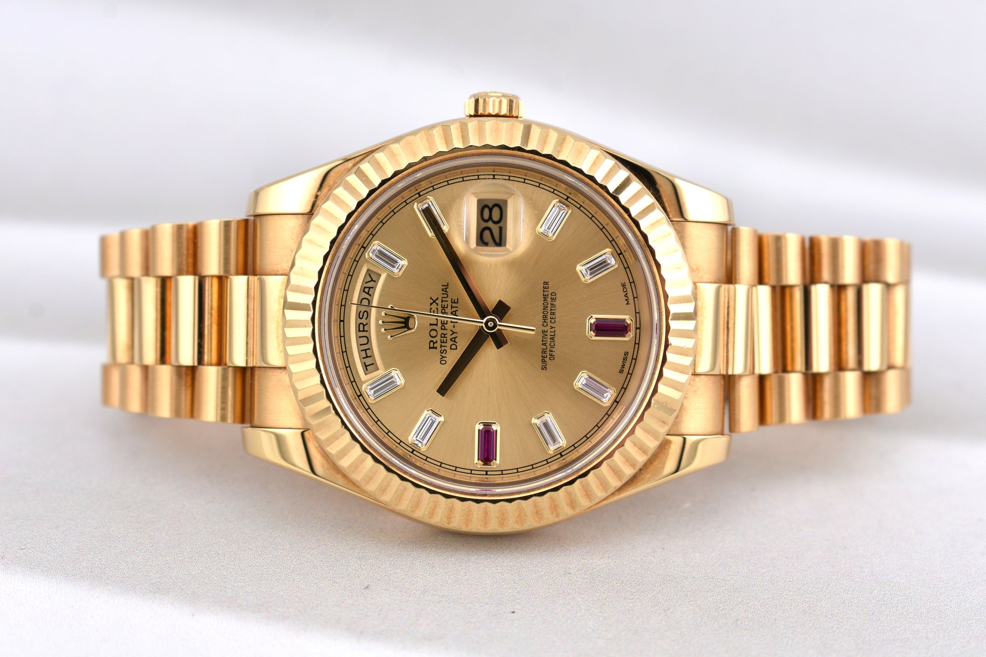 Rolex Day Date II Champagne Ruby Baguette Dial 218238 2015