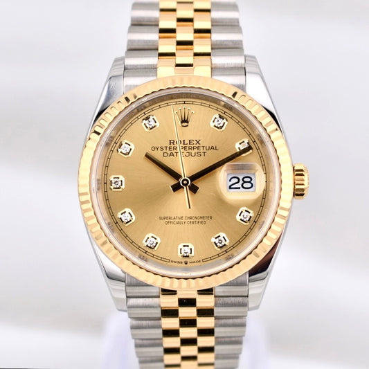 Rolex Datejust 36 Champagne Diamond Dial Two Tone Yellow Gold 126233 2022
