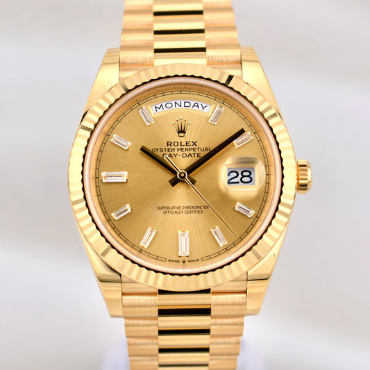 Rolex Day Date 40 Yellow Gold Champagne Baguette Diamond Dial 228238 2026
